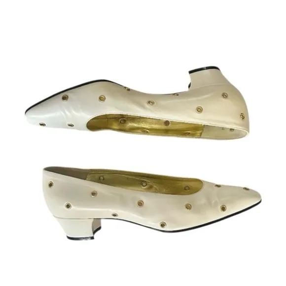 Escada White with Gold Grommets Leather Heels Size 7.5