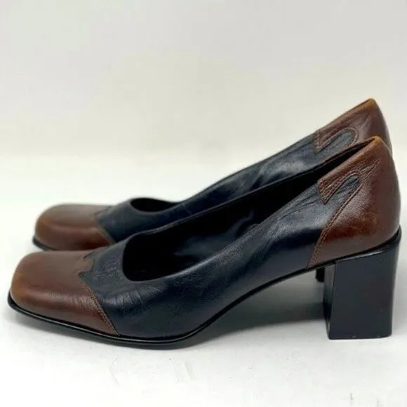 Etienne Aigner Gaze leather heels 7.5M BoxN  color block black brown square toe
