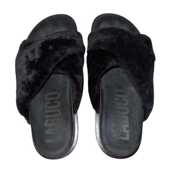 EUC LABUCQ MO Slides Sandal Genuine Leather Black Shearling Italy Size 38 Luxury