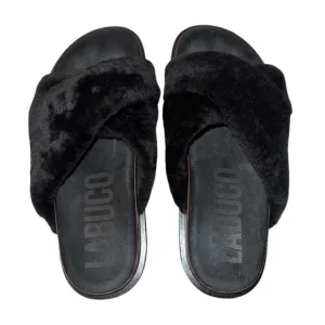 EUC LABUCQ MO Slides Sandal Genuine Leather Black Shearling Italy Size 38 Luxury