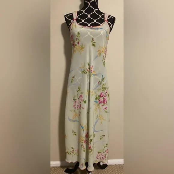 EUC Oscar de la Renta Green &amp; Pink Floral Lingerie Slip Dress size small