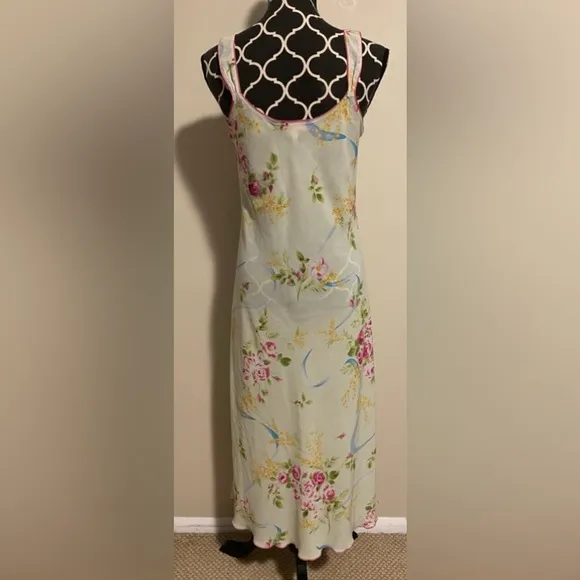 EUC Oscar de la Renta Green &amp; Pink Floral Lingerie Slip Dress size small