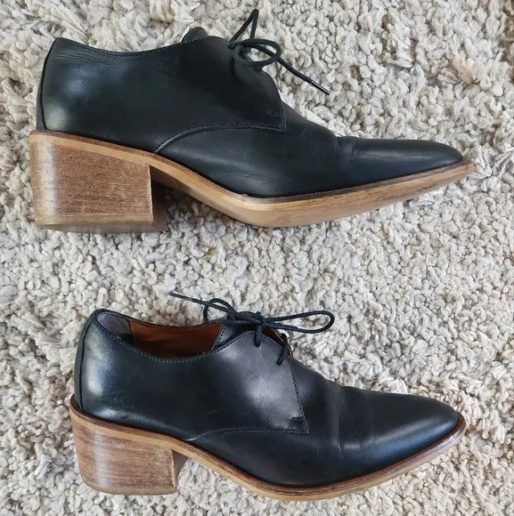 Everlane Heeled Black Italian Leather Lace Up Oxfords