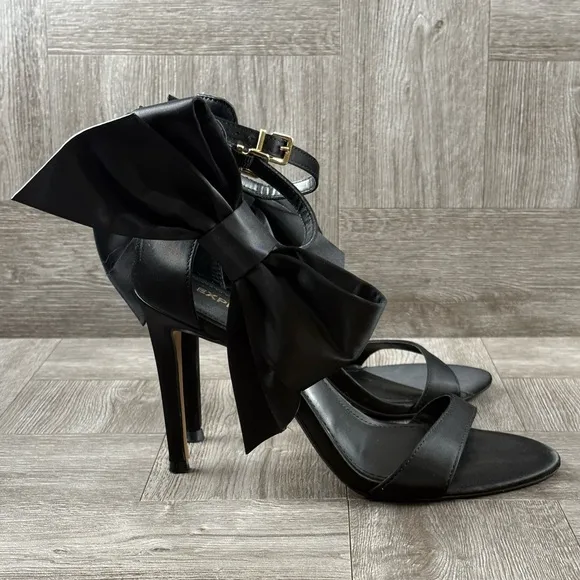 Express Women’s Black Ankle Oversized Bow Open Toe Heels Size 7