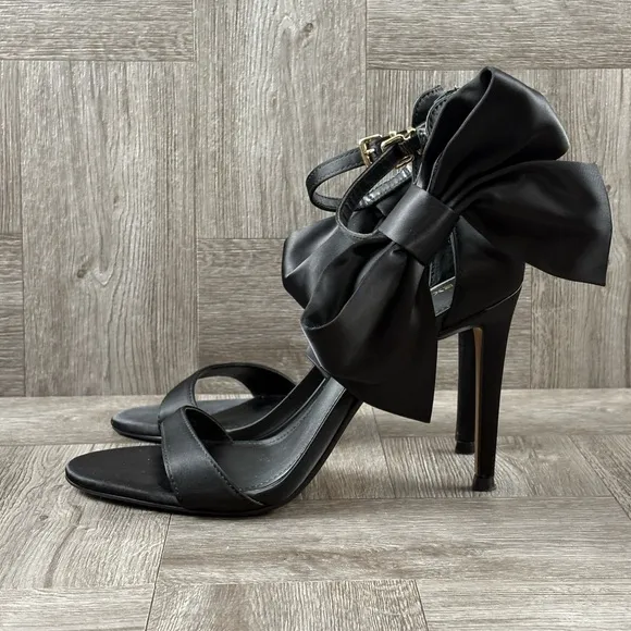 Express Women’s Black Ankle Oversized Bow Open Toe Heels Size 7