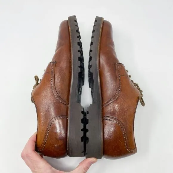 Faconnable Cognac Brown Leather Oxfords Men's Size 10.5 Lace Up Vibram Lug Sole