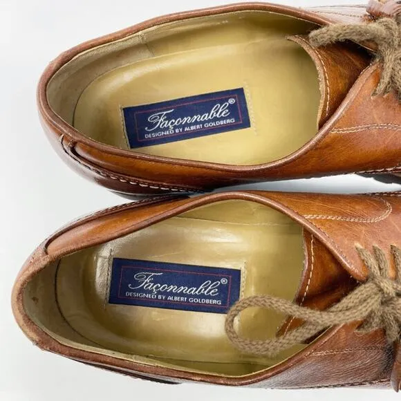 Faconnable Cognac Brown Leather Oxfords Men's Size 10.5 Lace Up Vibram Lug Sole