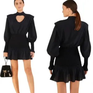 Farm Rio Black Heart Neckline Smocked Detail Mini Dress Size S NWT