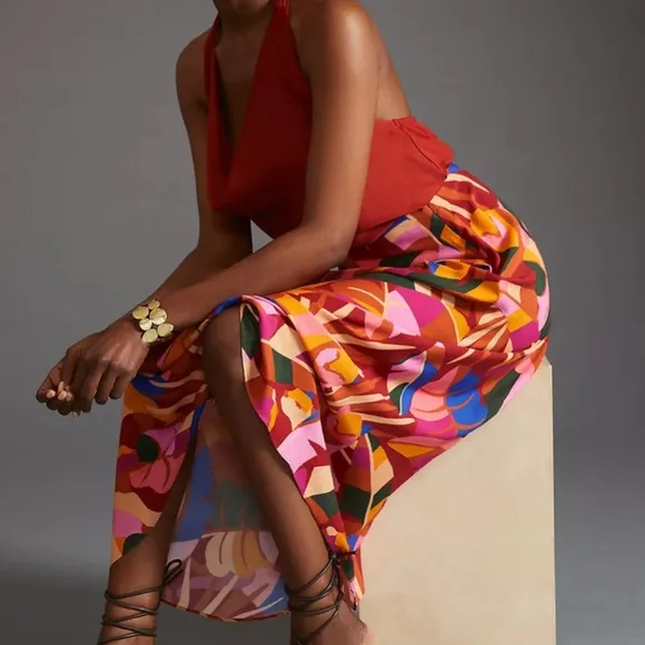 FARM Rio Midi Slip Skirt Lion Jungle Leaf Tropical Red Anthropologie XS