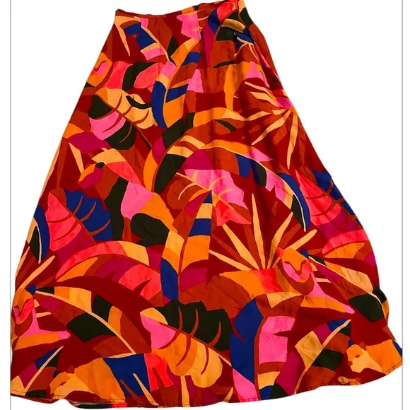FARM Rio Midi Slip Skirt Lion Jungle Leaf Tropical Red Anthropologie XS
