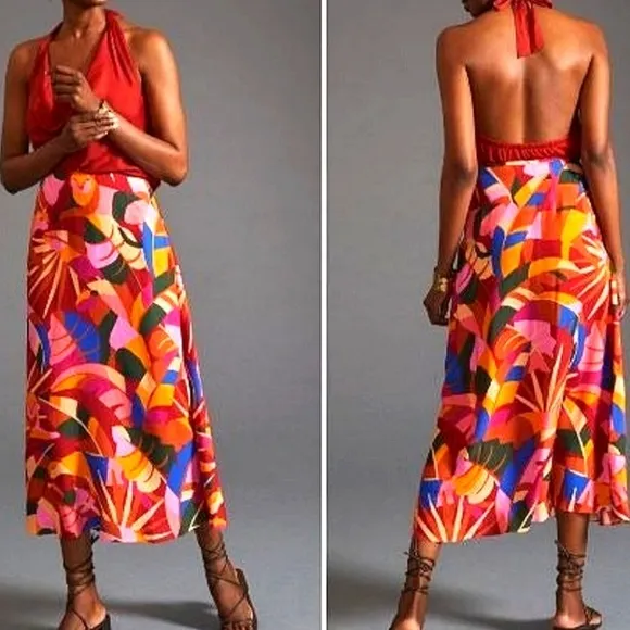 FARM Rio Midi Slip Skirt Lion Jungle Leaf Tropical Red Anthropologie XS