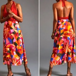 FARM Rio Midi Slip Skirt Lion Jungle Leaf Tropical Red Anthropologie XS