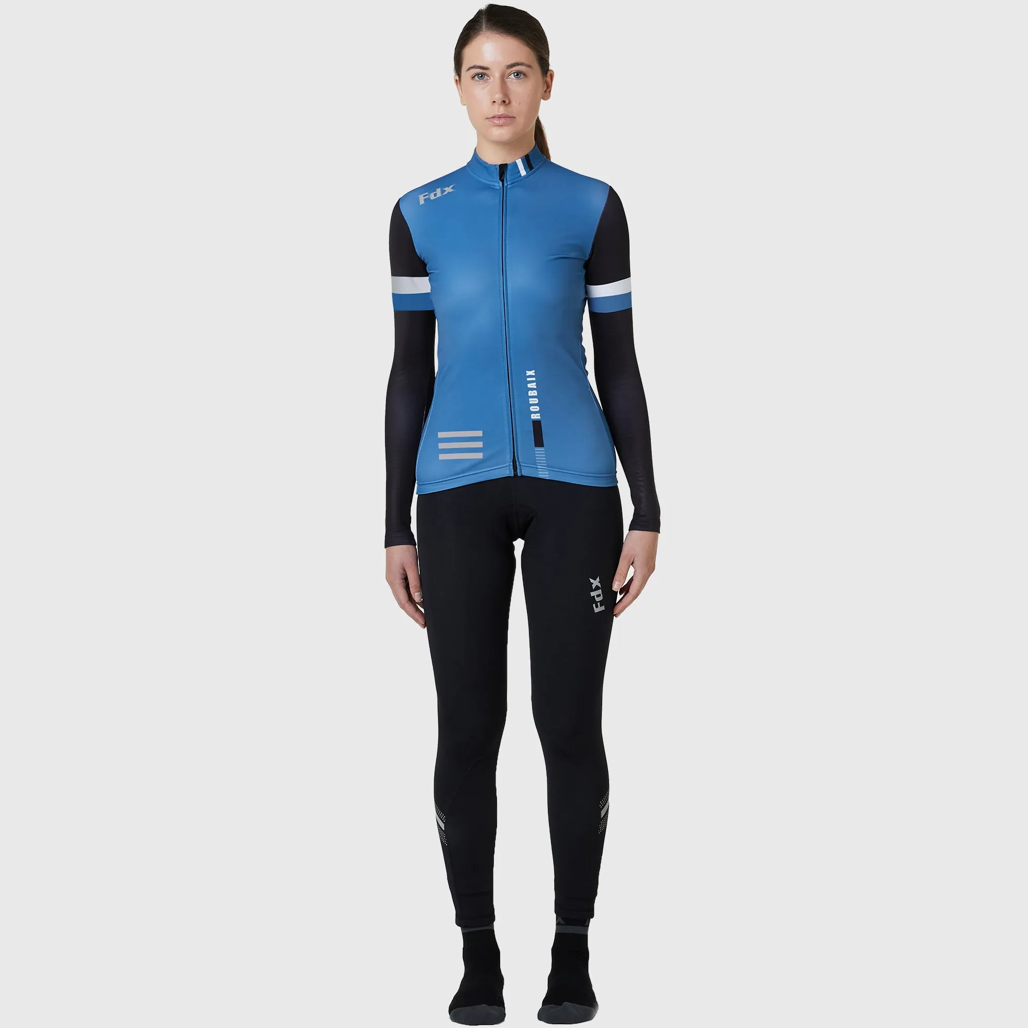 Fdx Women's & Girl's Set Limited Edition Thermal Roubaix Long Sleeve Cycling Jersey & Bib Tights - Blue