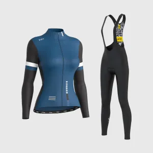 Fdx Women's & Girl's Set Limited Edition Thermal Roubaix Long Sleeve Cycling Jersey & Bib Tights - Blue