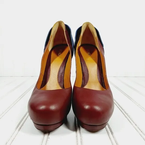 Fendi Brown Blue Color Block Platform High Heels D522