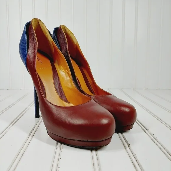 Fendi Brown Blue Color Block Platform High Heels D522