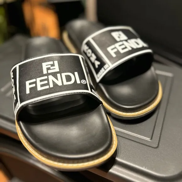 FENDI Fiend Roma Amor black yellow leather air sole slides sandals UK10 EU45