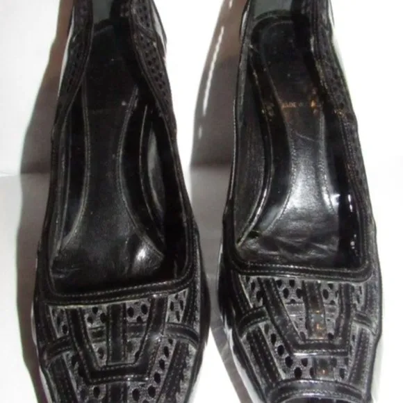 Fendi Glossy Black W Woven Mesh Trim Accent Pumps