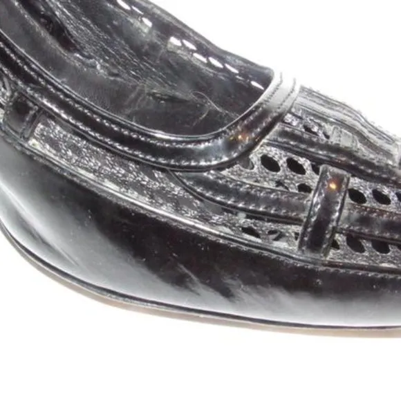 Fendi Glossy Black W Woven Mesh Trim Accent Pumps