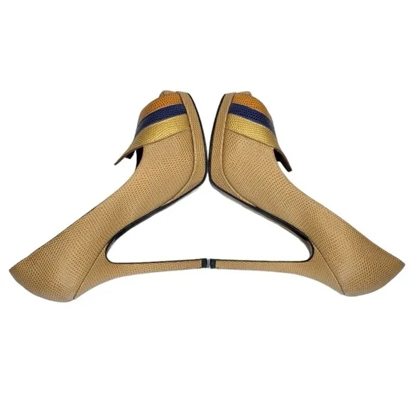 Fendi Peep Toe Platform Pebbled Leather Tritone Heels in Tan/Blue/Gold