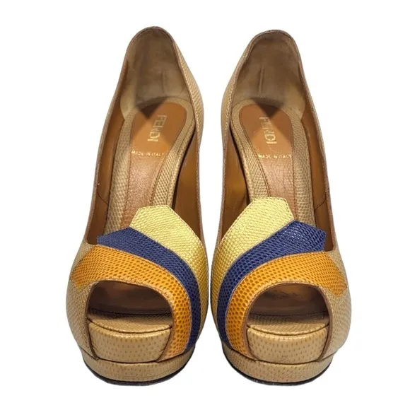 Fendi Peep Toe Platform Pebbled Leather Tritone Heels in Tan/Blue/Gold