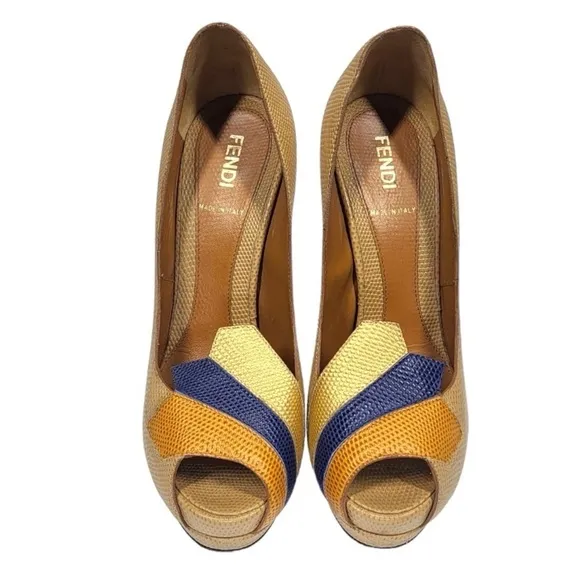Fendi Peep Toe Platform Pebbled Leather Tritone Heels in Tan/Blue/Gold