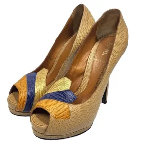 Fendi Peep Toe Platform Pebbled Leather Tritone Heels in Tan/Blue/Gold