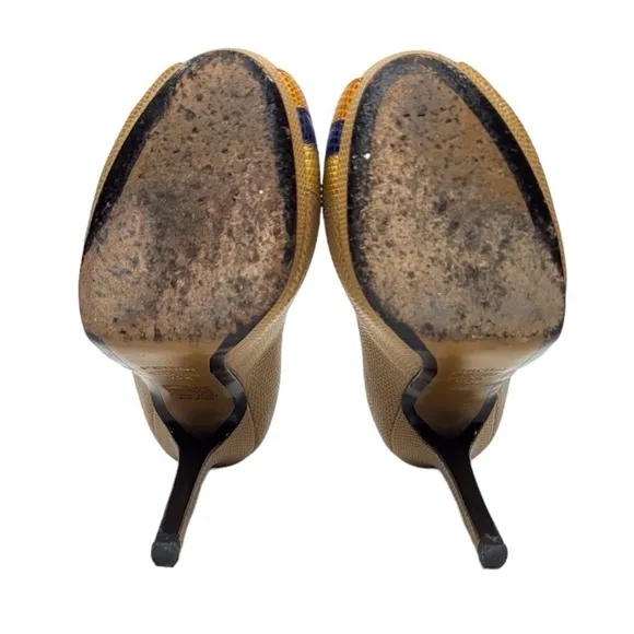 Fendi Peep Toe Platform Pebbled Leather Tritone Heels in Tan/Blue/Gold