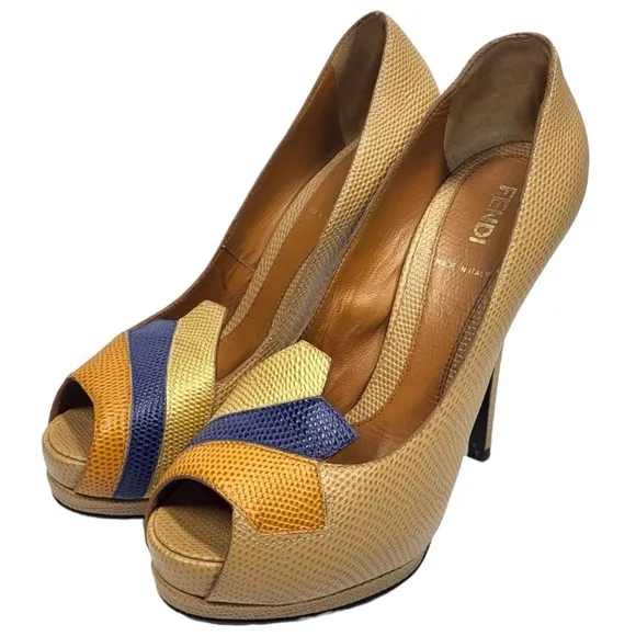 Fendi Peep Toe Platform Pebbled Leather Tritone Heels in Tan/Blue/Gold