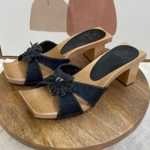 Fendi Vintage Y2K Denim Daisy Flower Wooden Block Mule Heels