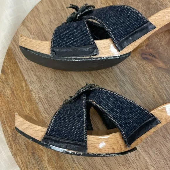 Fendi Vintage Y2K Denim Daisy Flower Wooden Block Mule Heels
