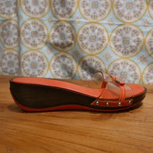 FERRAGAMO Carlyn Orange Leather / Clear Lucite Low Wedge-heeled Slides, size 7