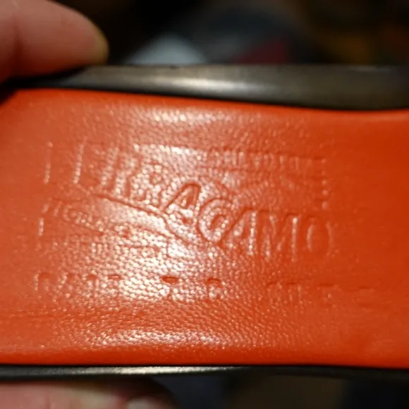 FERRAGAMO Carlyn Orange Leather / Clear Lucite Low Wedge-heeled Slides, size 7
