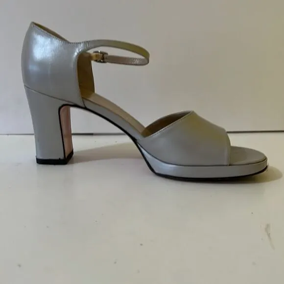 Ferragamo Silver Gray Block Heel Peep Toe Mary Jane Pumps Size 7
