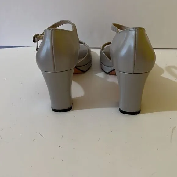 Ferragamo Silver Gray Block Heel Peep Toe Mary Jane Pumps Size 7