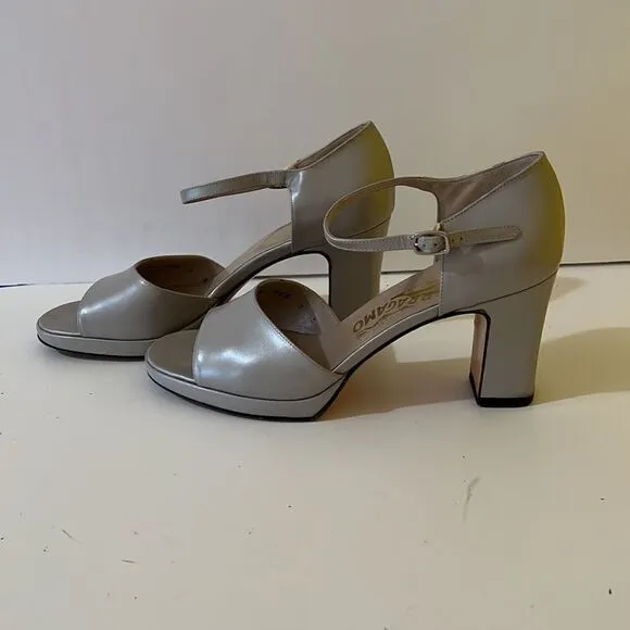 Ferragamo Silver Gray Block Heel Peep Toe Mary Jane Pumps Size 7