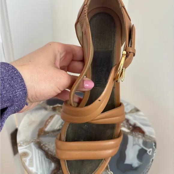Ferragamo Tan Leather Strappy Block Heels