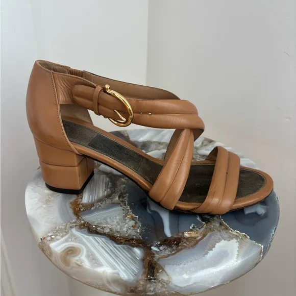 Ferragamo Tan Leather Strappy Block Heels