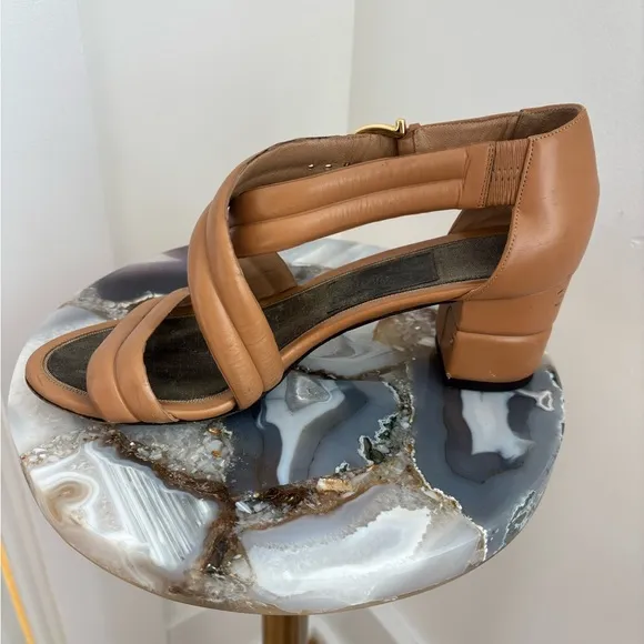 Ferragamo Tan Leather Strappy Block Heels