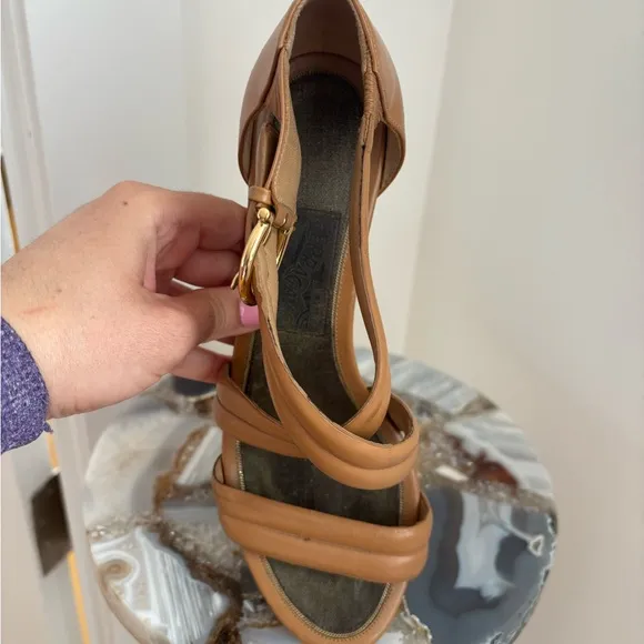 Ferragamo Tan Leather Strappy Block Heels