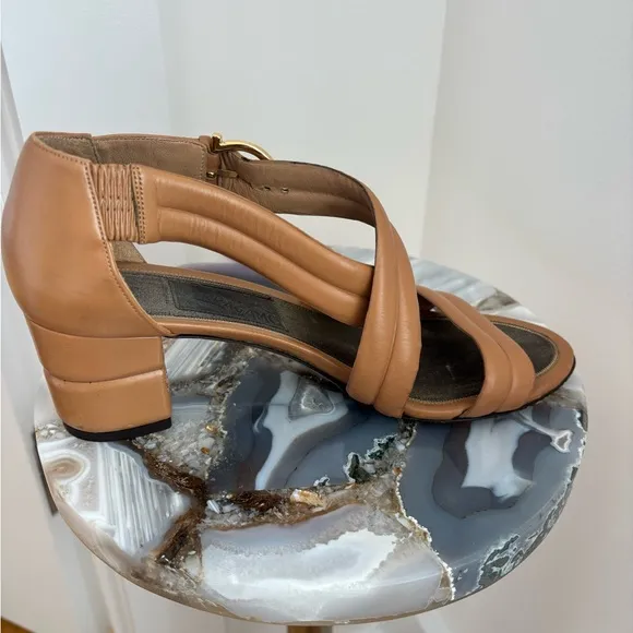 Ferragamo Tan Leather Strappy Block Heels