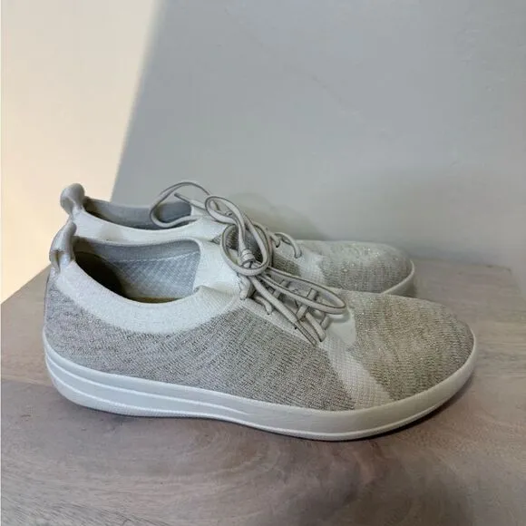 FitFlop F Sporty Flex Womens Sneaker Uberknit Shoe Size 7 1/2 Cream Meta…