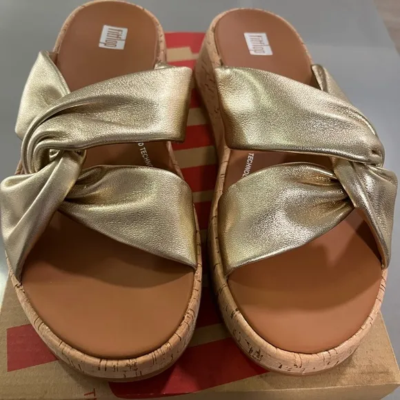 FITFLOP LEATHER-TWIST GOLD TONED FLATFORM SLIDES-size 8- NWT