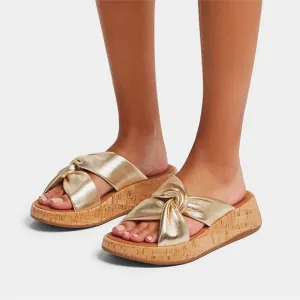 FITFLOP LEATHER-TWIST GOLD TONED FLATFORM SLIDES-size 8- NWT