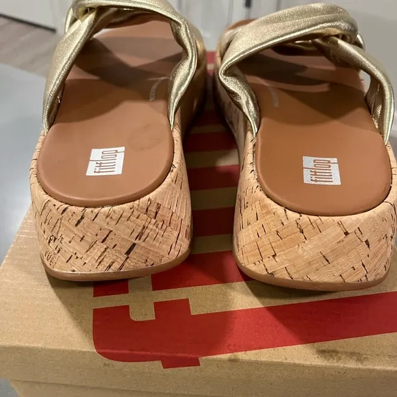 FITFLOP LEATHER-TWIST GOLD TONED FLATFORM SLIDES-size 8- NWT