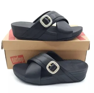 Fitflop Lulu Crystal-Buckle Black Leather Cross Slides Women's Size 38 US 7