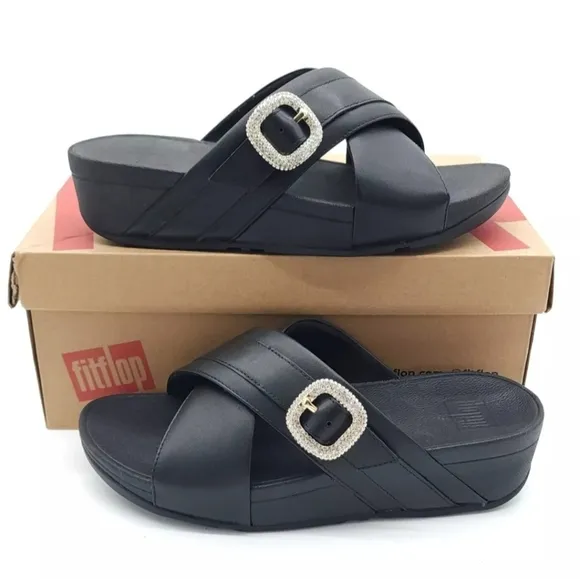 Fitflop Lulu Crystal-Buckle Black Leather Cross Slides Women's Size 38 US 7
