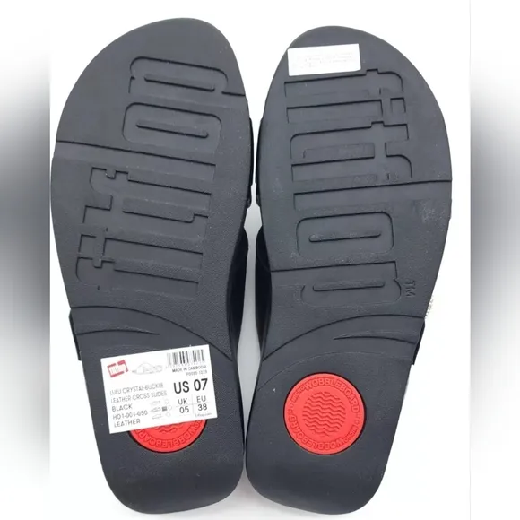 Fitflop Lulu Crystal-Buckle Black Leather Cross Slides Women's Size 38 US 7