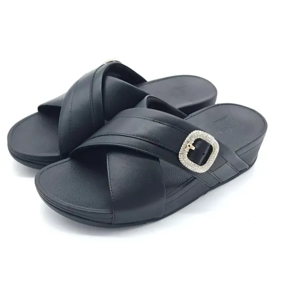 Fitflop Lulu Crystal-Buckle Black Leather Cross Slides Women's Size 38 US 7