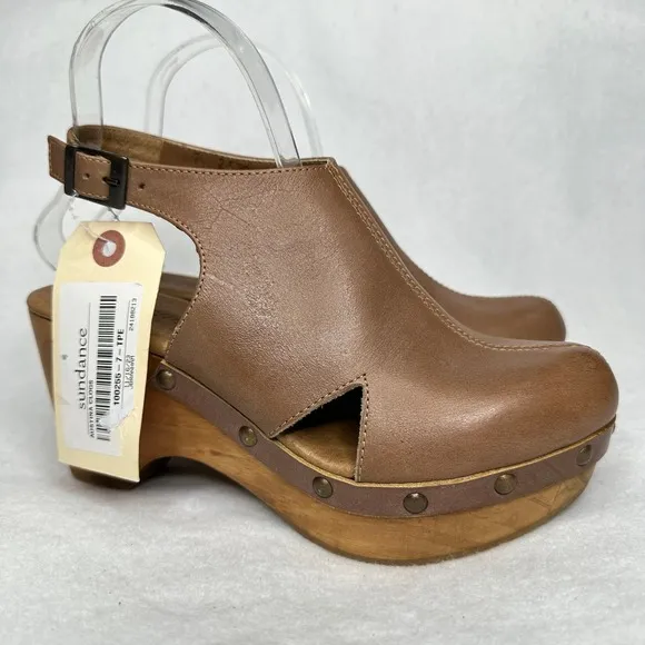 Five Worlds by Cordani Wooden Austina Clogs Boho Tan Brown Leather Size 7